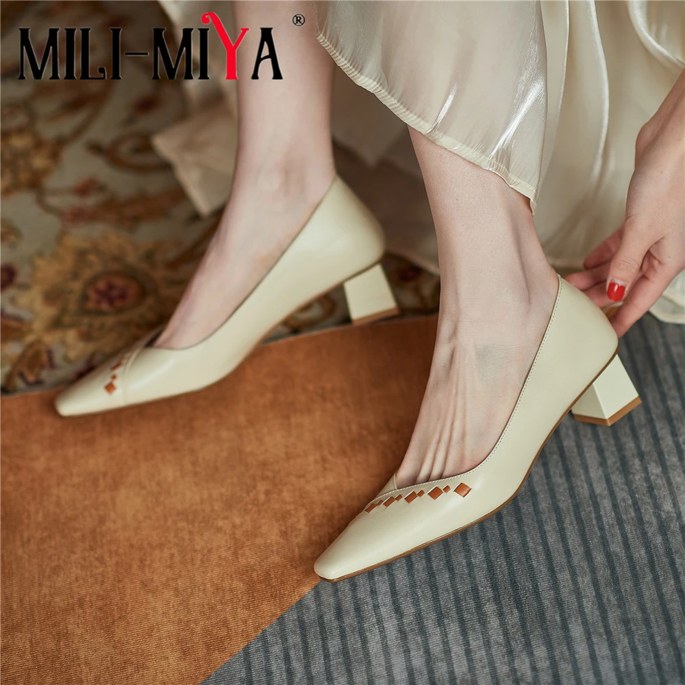 

MILI-MIYA Casual Low Thick Heels Women Cow Leather Pumps Slip On Mixed Color Round Toe Office Career Shoes Size 34-40 Handmade