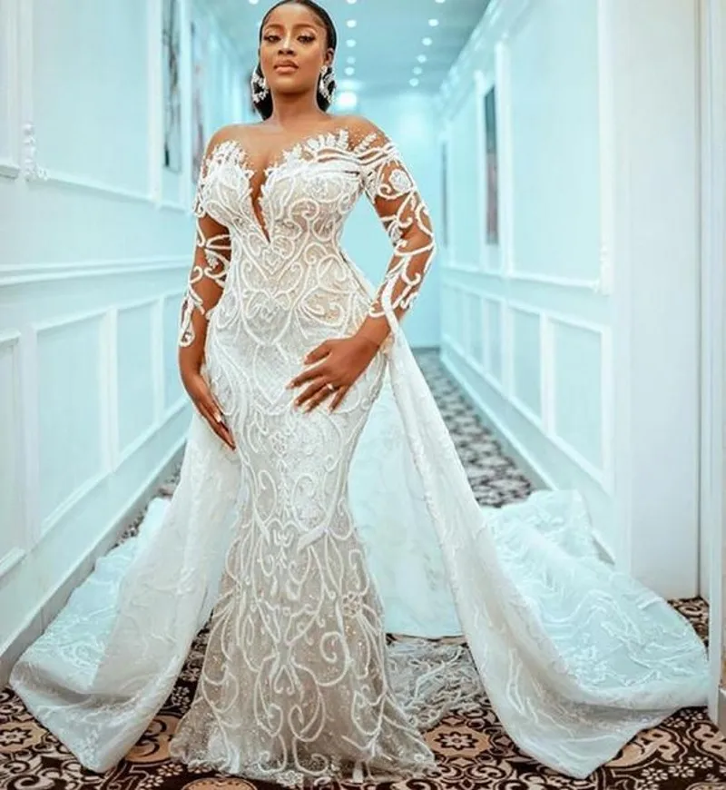 

Arabic Mermaid 2024 Wedding Dress With Detachable Train Beaded Lace Appliqued Bridal Gown Vestidos De Noiva Robe Mariage