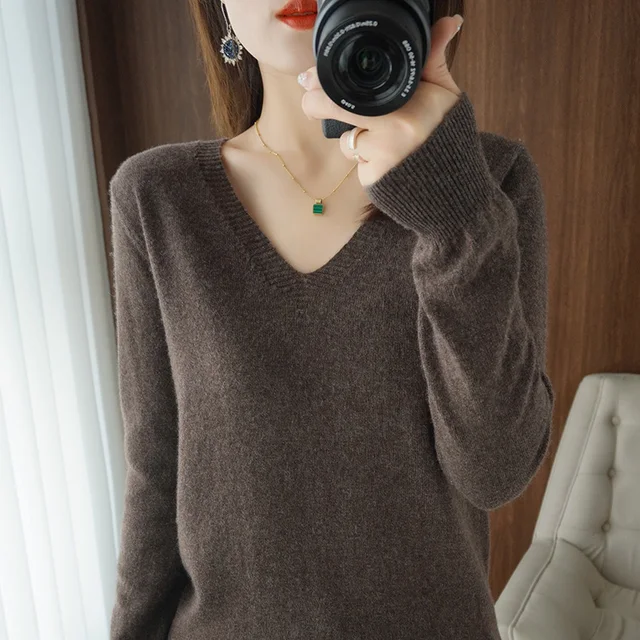 Autumn Winter New Cashmere Sweater Women Keep Warm V-neck Pullovers Knitting Sweater Fashion Korean Long Sleeve Loose Tops Brown