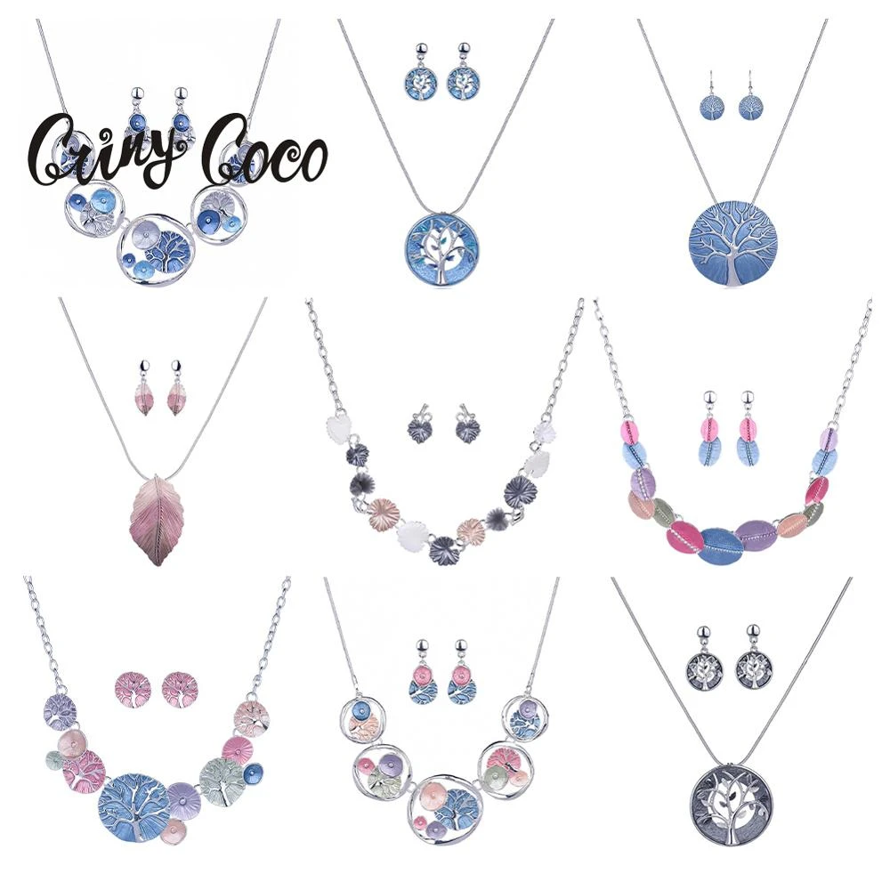Sale Cring Coco Tree of Life Jewelry Sets Women's jewellery set Drop Earrings Women Large Leaf Pendant Necklace Set for Women purple costume jewelry sets