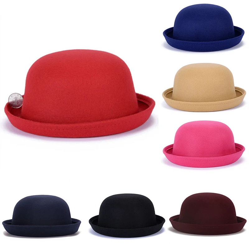

2019 Spring Autumn Women Children Hat Classical Cap Femme Imitation Wool Cap Hats Girl Cute Solid Black Bowler Hat Female