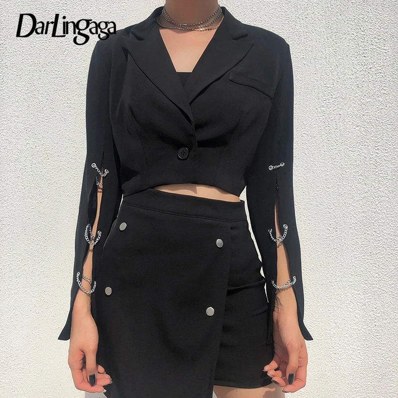 Very best  Darlingaga Fashion Autumn Black Cropped Basic Jacket Women Coat Streetwear Chain Open Sleeve Cardig