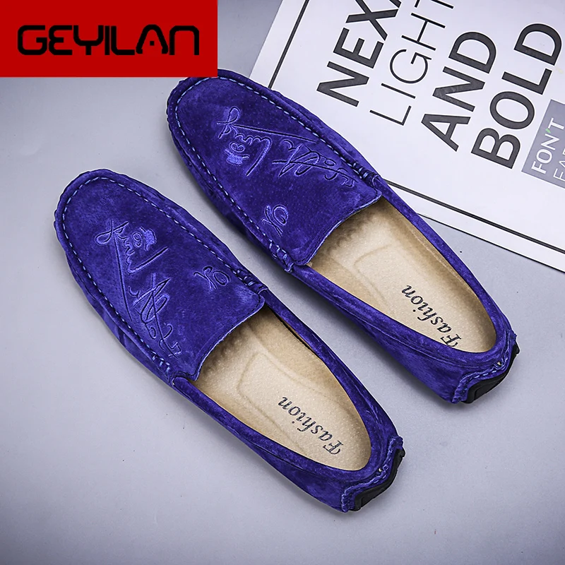 

Men Shoes Suede Leather Mens Loafers Casual Shoes Footwear Chaussures Flat Slip On Lazy Driving Shoes Zapatos Hombre Blue Lofars