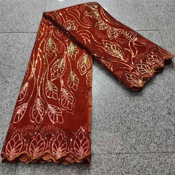 

Velvet Fabric With Embroidery Lace Orange Elegant Beautiful Flower African Nigerian French Latest Designs High Quality For Dress