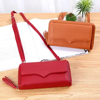 

Long Clutches Purse Mit Langen Riemen Hohe Qualität PU Leder Umschla Women Solid Color Tassel Multilayer Crossbody Shoulder Bag