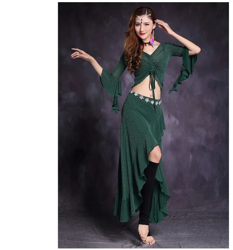 Dark green Женские костюмы для танца живота, длинное платье, волнистый край, рукав-бабочка, сексуальный Восточный танец, танец живота, тренировочная одежда, Одежда для танцев, костюм - Цвет: Dark green