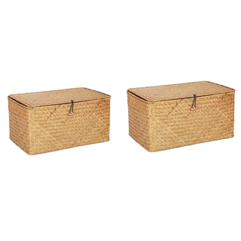 

2 Pcs Handmade Straw Woven Storage Basket with Lid Makeup Organizer Storage Box Seagrass Laundry Baskets Rattan Jewelry Box, S &