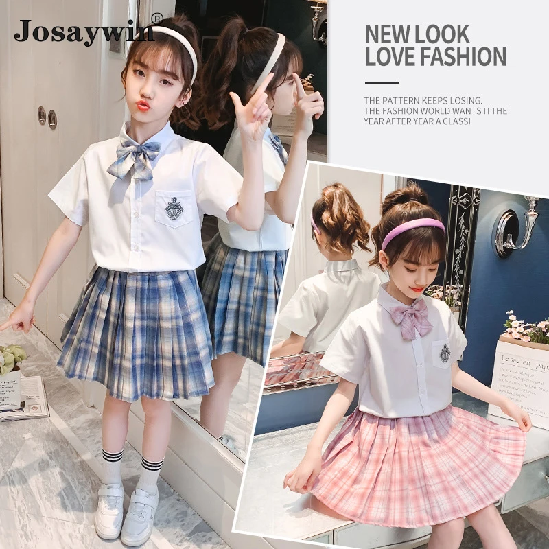 

2021 Summer Children Suits Kids Girls 2 Pieces Sets Shirt Top+Skirt Plaie JK Uniform Teenager Suit Student Girl Baby Clothes Set