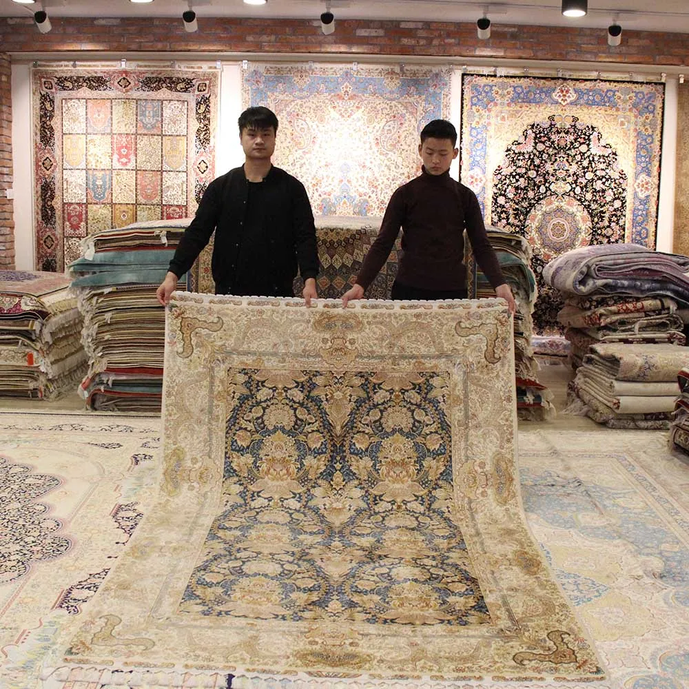 Yilong 5 6 &quotx 8 3 красивые шелковые бежево голубой цвет ручной работы Восточный Иран