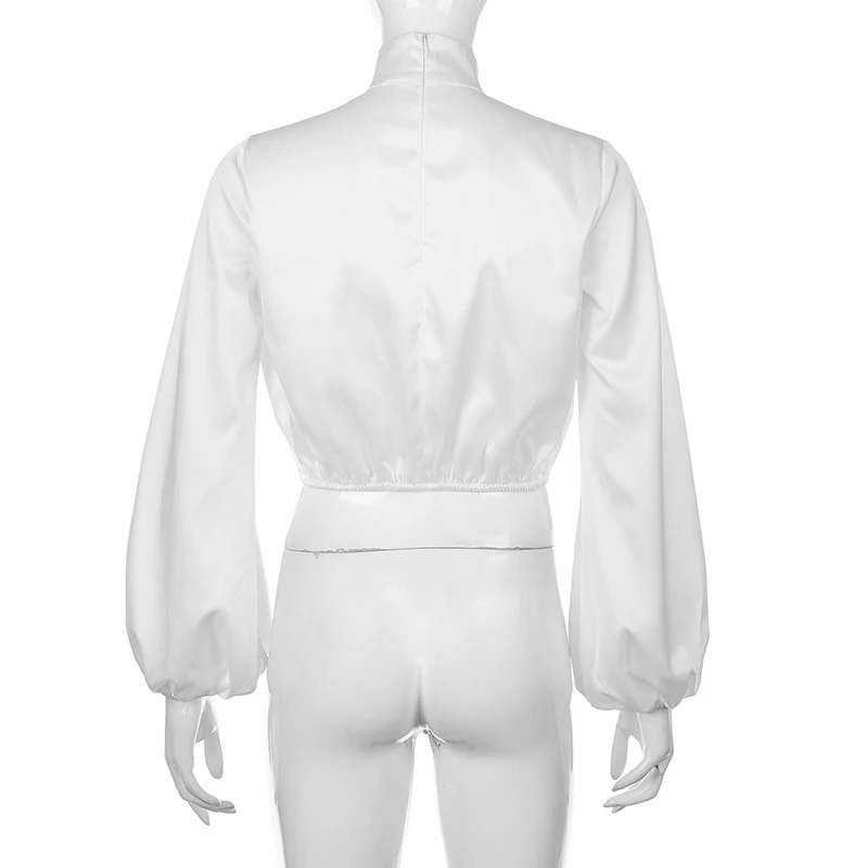 Darlingaga Fashion Chic Satin High Neck Blouse Shirt Women Long Puff Sleeve Ladies Tops Elastic Waist Soft Shirts Crop Top 2020