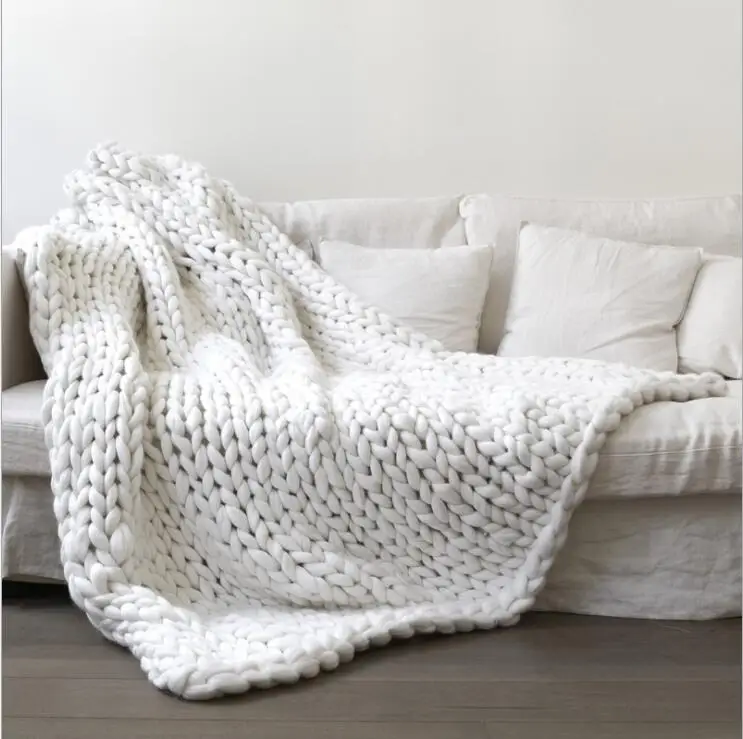 Hand Crochet Bed Sofa Blanket throws Weaving Linen Chunky Winter Wool Knitted 6CM Giant Thick Yarn Bulky Knitting Throw Blanket