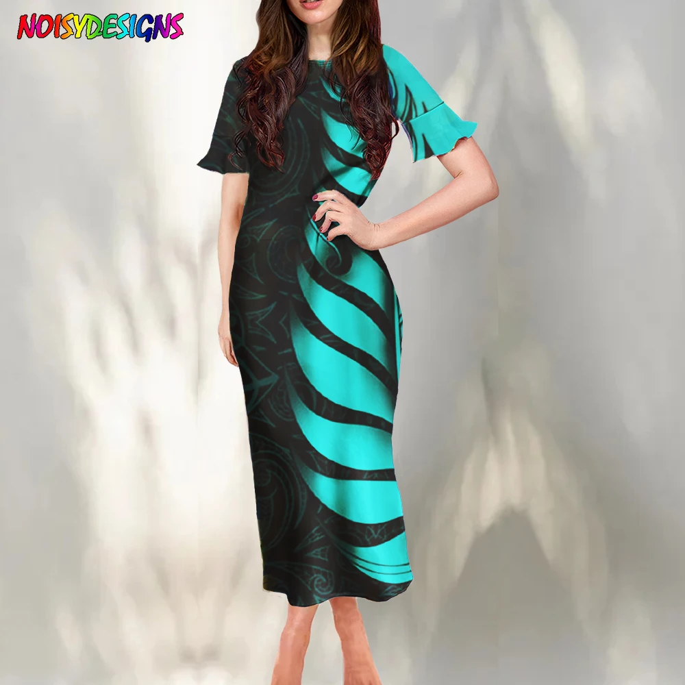 

Noisydesigns Women Short Ruffle Sleeves Sexy Bodycon Long Dress Polynesian Tribal Tattoo Pattern Soft Elegant Party Dresses