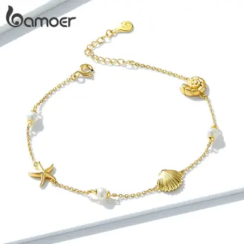 

bamoer HOT SALE Summer Beach Starfish and Shell Chain Bracelets for Women 925 Sterling Silver Pearl Fine Jewelry GAB025