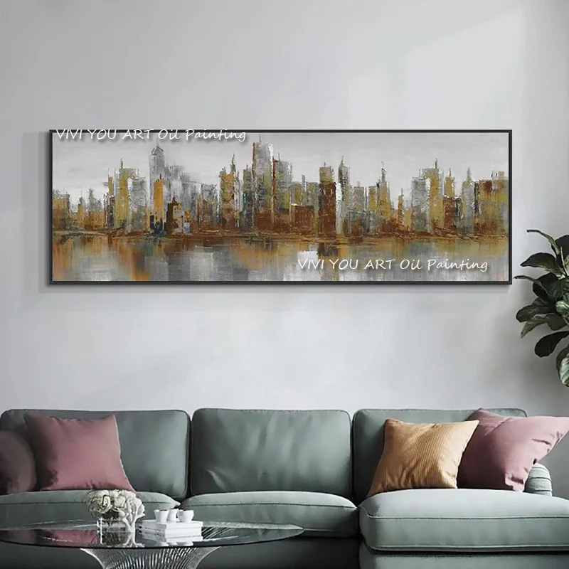 Metal Style City View Abstract Handmade Color Oil Painting Wall Art on Canvas Painting Wall Decor Pictures for Living Room Graph image_0