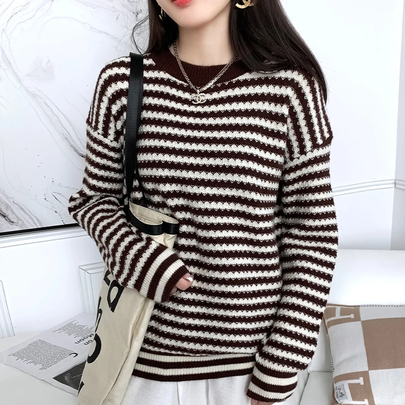 

Women Autumn Winter Striped cashmere Sweater 2021 New O-Neck Pullover Tops Long Sleeve Casual Cashmere sweater women