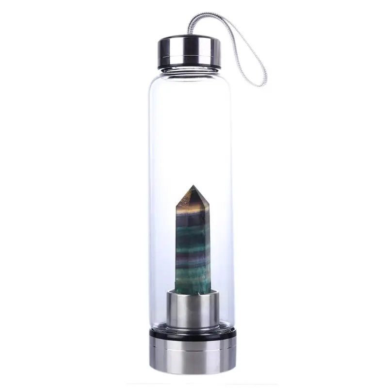 Natural Quartz Crystal Point Energy Water Bottle Healing Obelisk Wand Elixir Crystal Glass Infuser Decor Supplies - Color: 8