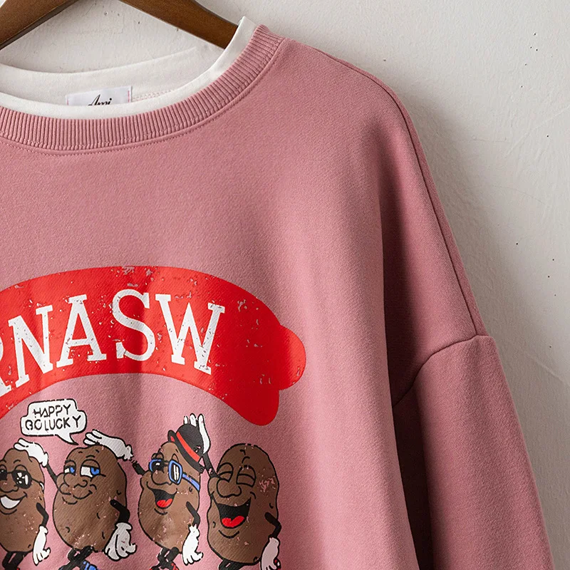 New Korean version of the cartoon print fleece round neck female fake two-piece headcoat