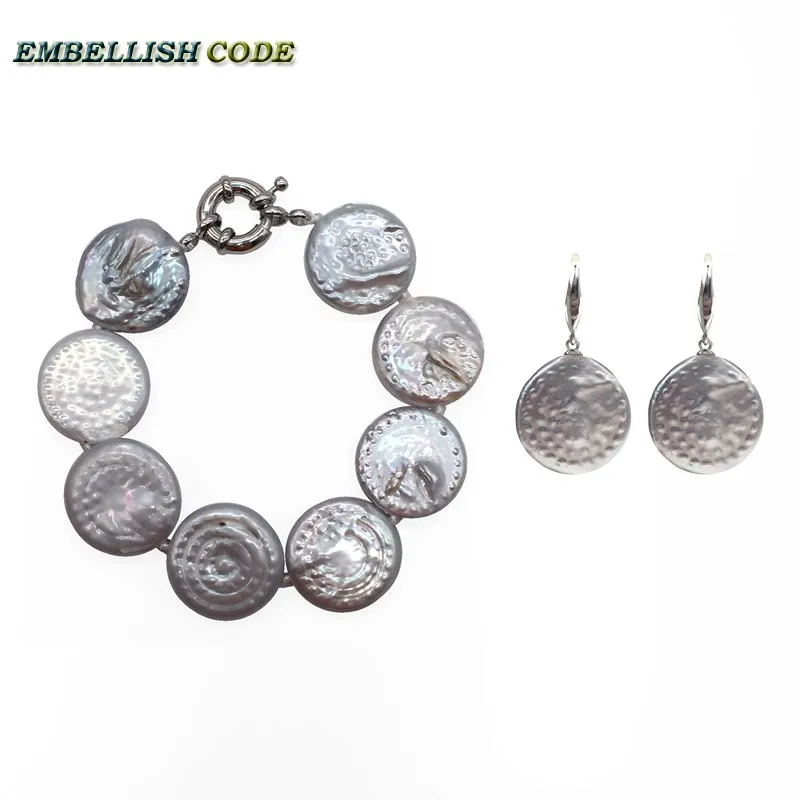 

large baroque pearl bracelet hook dangle earring set 22mm gray color flat round coin Button shape real freshwater pearls