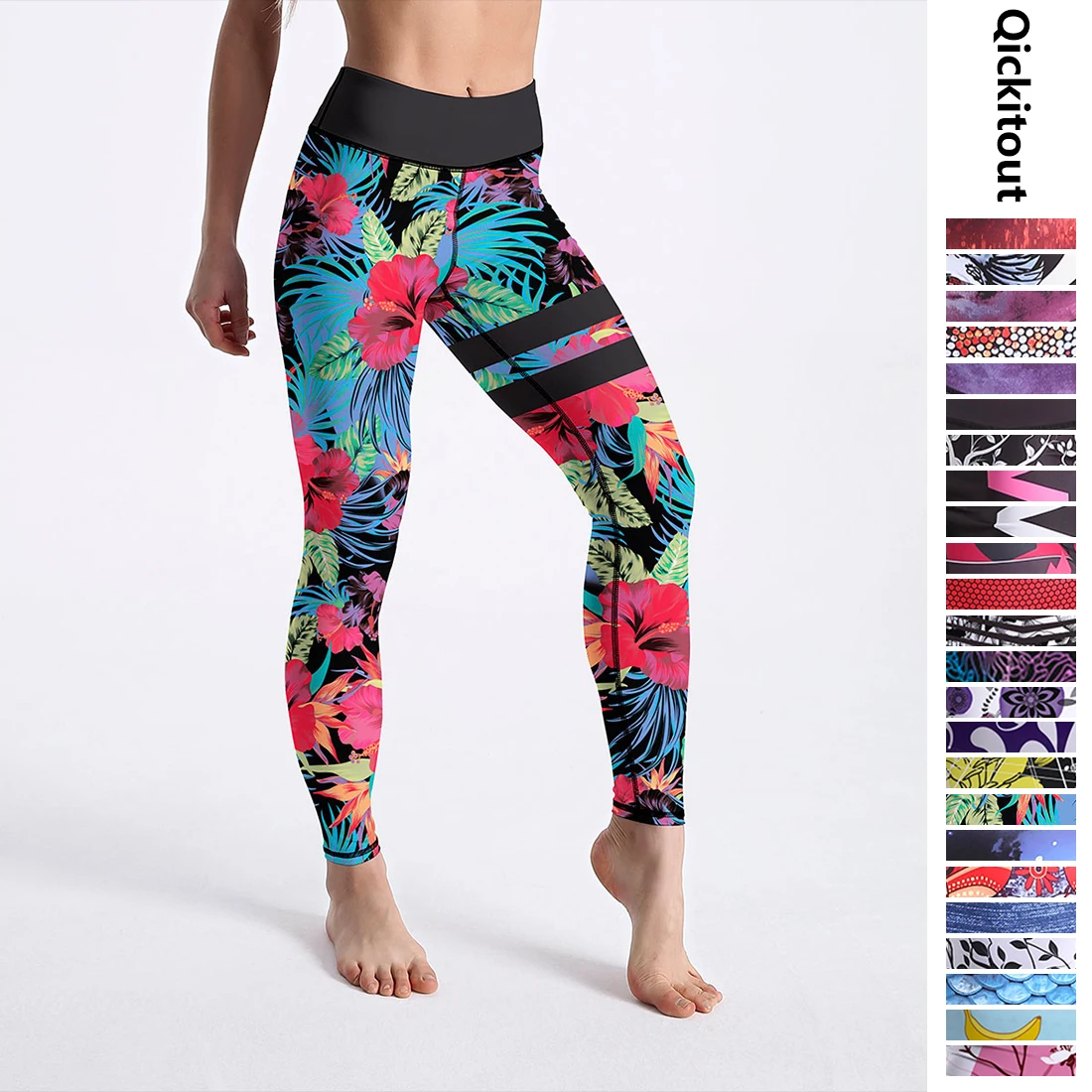 Women's Leggings Jungle Flowers With Stripe Pattern Printed Legging High Waist Ankle Length Bottom Drop Ship | Спорт и
