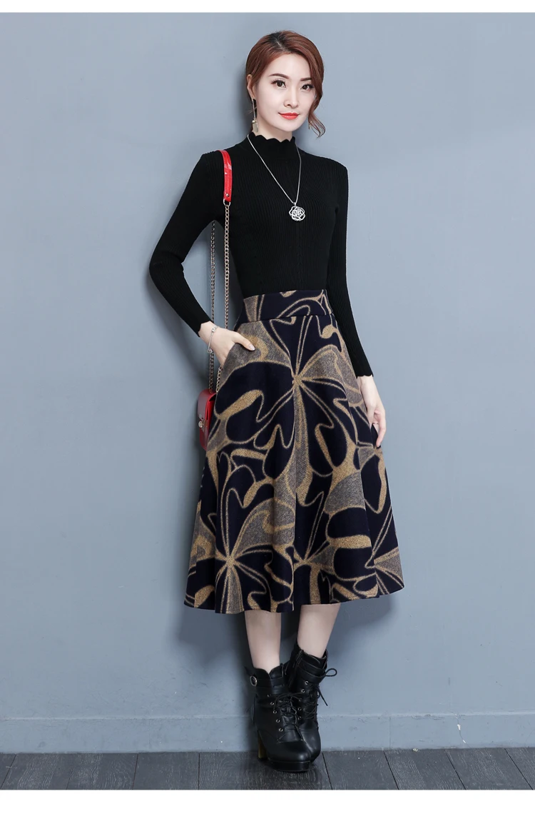 New Autumn Winter Plus Size Robe Elegant Office Wear Vintage Korean Women Skirts High Waist Bandage Wool Print Skirts FW105