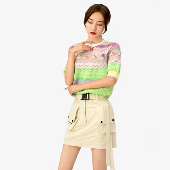 

Summer Short Sleeve Knit Top Women 2020 Fashion Color Block Sequins three-dimensional ice cream Striped Pullover Thin Sweater