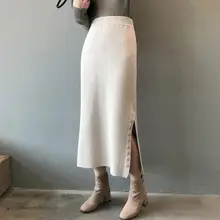 Зима, женская трикотажная юбка макси, повседневная, высокая талия, Вязанная, эластичная, свободная, для женщин, Jupe
