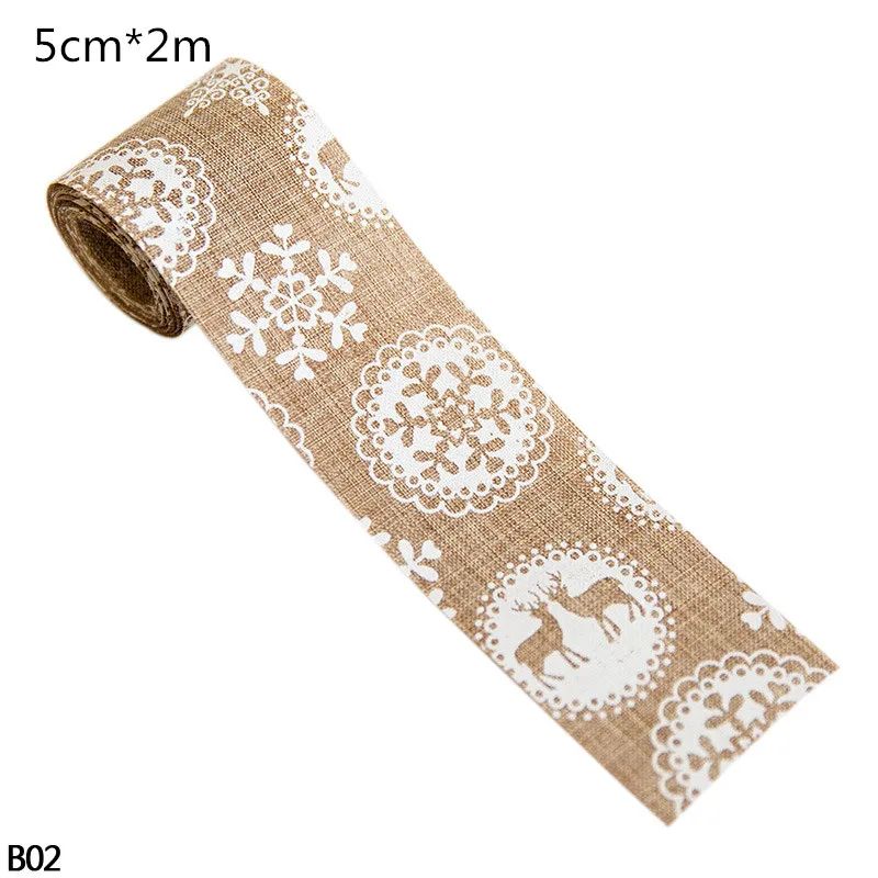 2M/5Y Merry Christmas Natural Jute Burlap Red Ribbon Christmas Tree Snowflake Lace Trims Tape Roll Vintage Rustic Wedding Decor