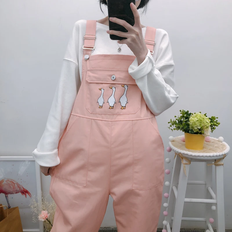 Женские комбинезоны Kawaii С мультяшным принтом, розовые, милые, свободные, длина по щиколотку, простые, студенческие, с карманами, повседневные, женские комбинезоны, шикарные