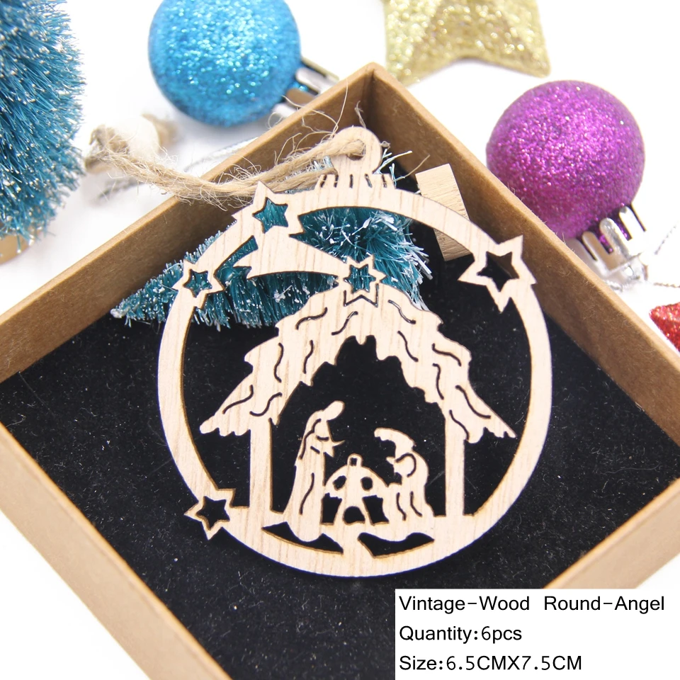 6pcs Round-Angel 6 шт./лот, винтажные полые рождественские подарки, Деревянные Подвески, украшения из дерева, елочные украшения, детские игрушки, подарки - Цвет: 6pcs Round-Angel