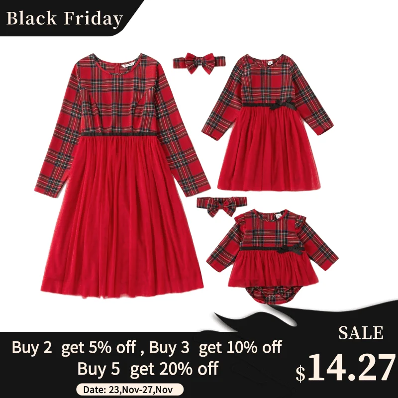

PatPat 2020 New Arrival Winter Mosaic Mommy and Me Plaid Mesh Christmas Matching Dresses Family Look Sets Festival Dress