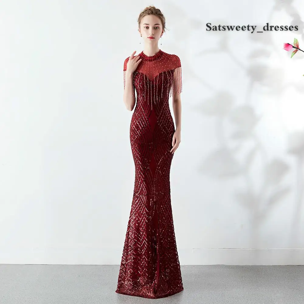 Robe De Soiree Beadings шеи Русалка Длинные элегантные вечерние платья с блестками Труба формальное платье Abendkleider 2019