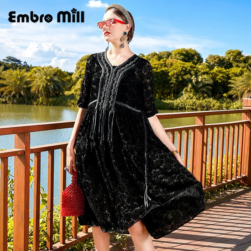 

Fine Burn Flower V-Neck Dress Female New Autumn Vintage Style Half Sleeve High Waist Elegant Mid-length A-line Dress M-2XL