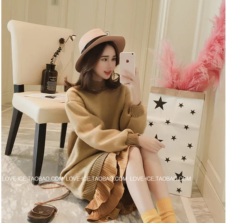 

Maternity Clothes 2018 Winter Pleated Panel Half-Turtle-Neck Elegant Knit Pregnant WOMEN'S Mid-length Dress