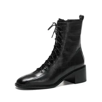 

2020 New Round Toe Autumn Winter Short Boots Genuine Leather Ankle Boots Lace Up+zipper Square Heel Women Shoes Size 34-39
