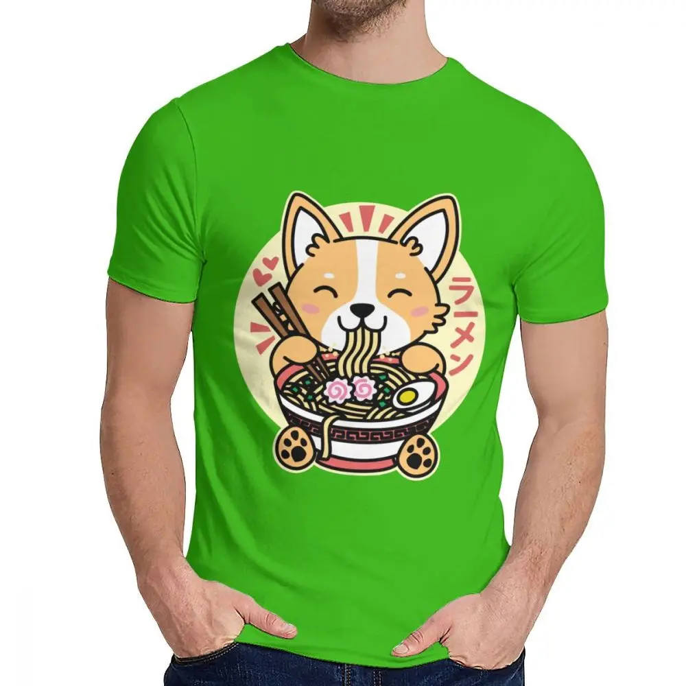 Для мужчин футболка корги едят рамен милый Kawaii лапша Хлопок Уличная Мужская o-образным вырезом Harajuku уличный с короткими рукавами - Цвет: Зеленый