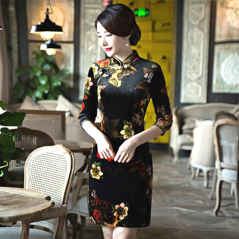 

Sheng Coco Women Black Velvet Cheongsam Dresses Half Long Sleeve Chinese Qi Pao Chipao Dress Vintage Short Soft Elastic Qipao