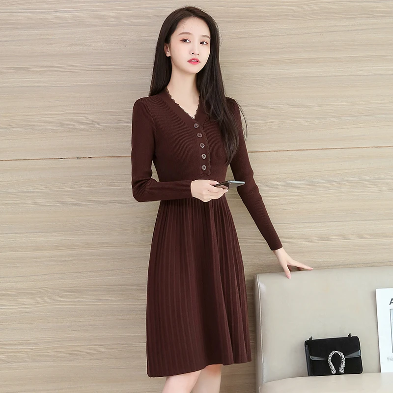 Japanese Fashion Wool Sweaters Dress for Women Button Knitting Woman Dress Winter Long Sleeve Office Lady Bodycon Dress