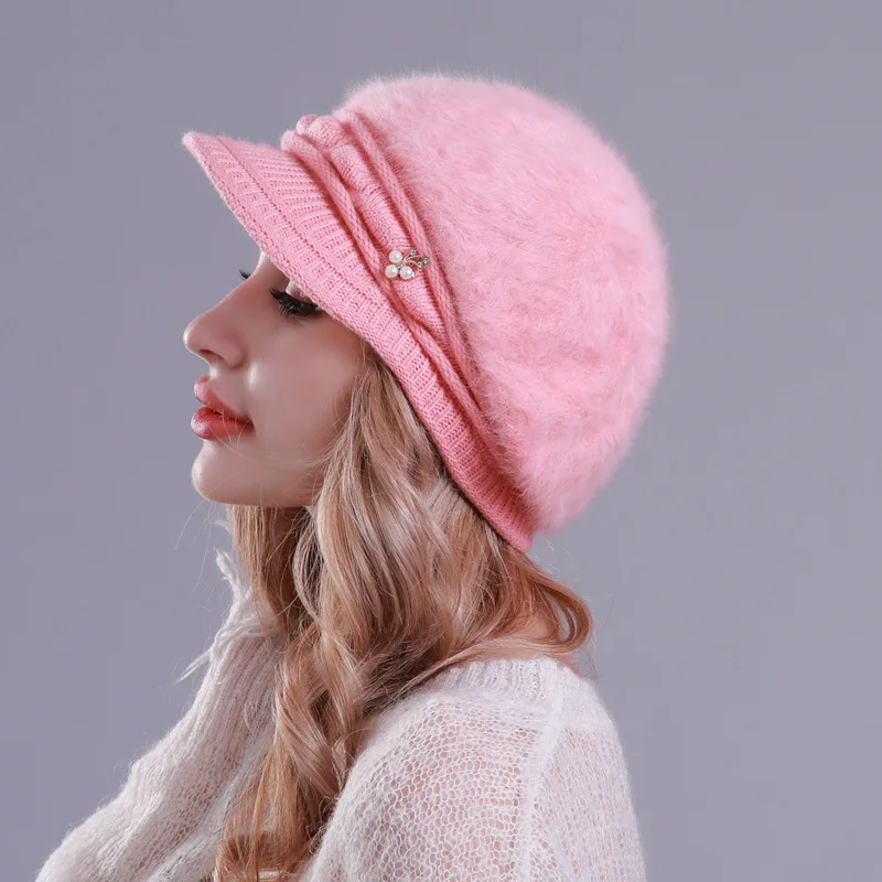 New rabbit hair cap children duck tongue knitted thickened to keep warm beret autumn and winter ear with eaves |