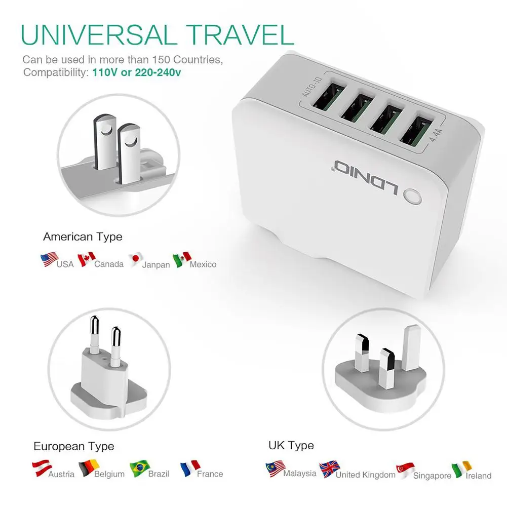 Для LDNIO адениума A4403 5 V/4.4A 22W 4-Порты и разъёмы универсальное USB Сетевое зарядное Зарядное устройство Быстрая зарядка DC адаптер питания AC DC Зарядное устройство
