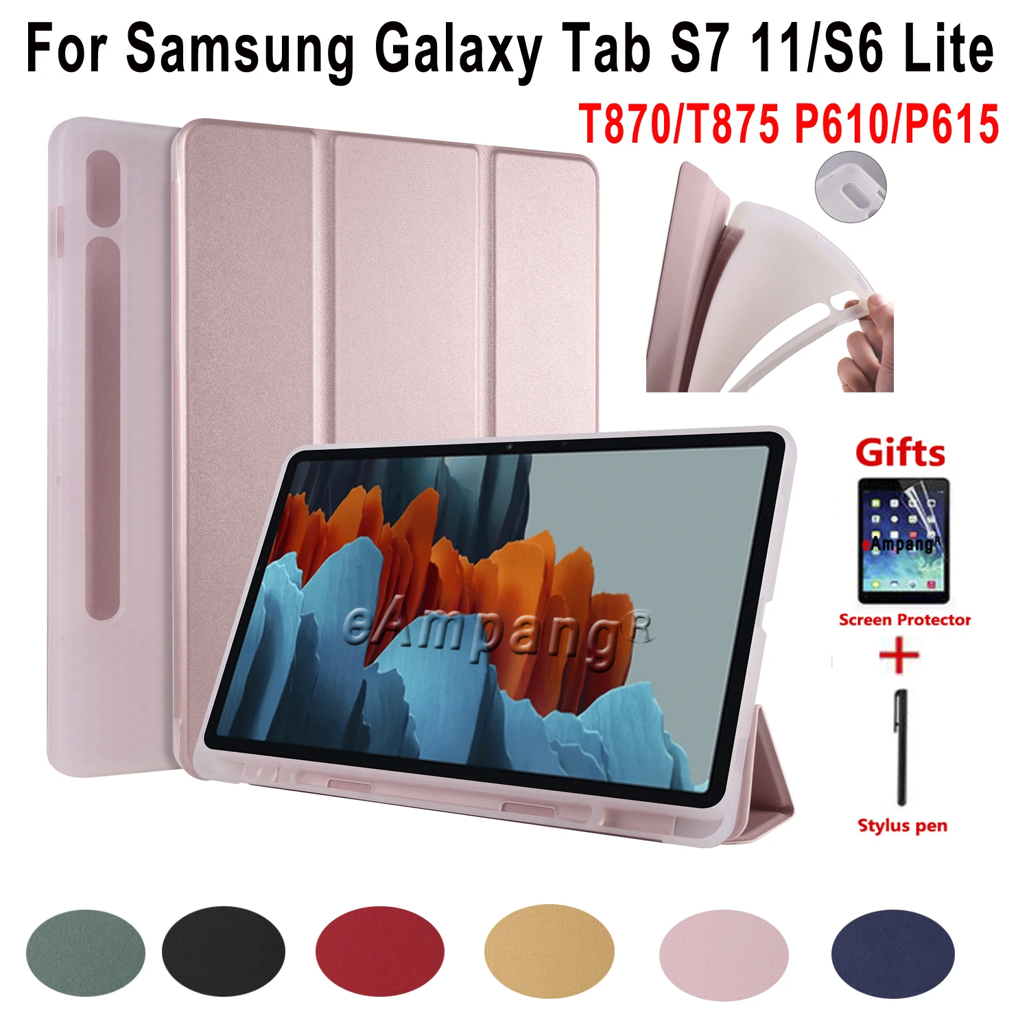 Soft Shockproof Case For Samsung Galaxy Tab S7 11 S6 Lite 10.4 Pen Slot Three Fold Smart Transparent Back Cover Tablet Funda | Компьютеры