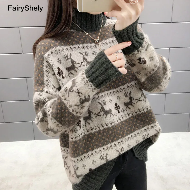 FairyShely Повседневный Рождественский женский свитер зимний теплый джемпер Свободный вязаный кашемировый свитер пуловер Топ Pull Hiver Femme