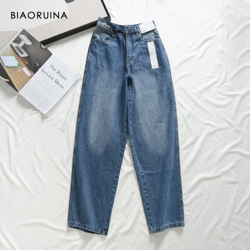 

BIAORUINA 5 Color Women's Washing Bleached Elastic High Waist Fashion Jeans Female Casual Wide Leg Denim Jeans 2019 Autumn