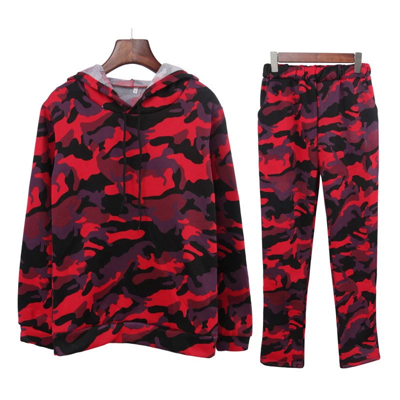 Комплект из двух предметов; женский спортивный костюм; сезон осень-зима; женские брюки; спортивные костюмы; камуфляжная одежда с капюшоном; одежда для отдыха; Femme - Цвет: Красный