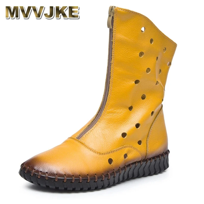 

MVVJKE2021 Women Fashion Vintage Genuine Leather Shoes Female Spring Autumn Platform Ankle Boots Woman Hollow Out Casual Boots