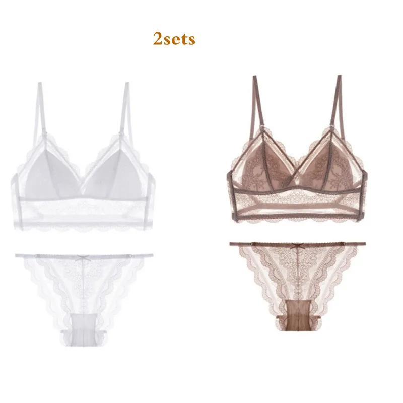 panty sets 2 Sets Sexy Lace Backless Bra Set Thin Cup Cross Straps Halter Triangle Bra Wireless Set Underwear Women Summer Bra and Panties panty sets Bra & Brief Sets