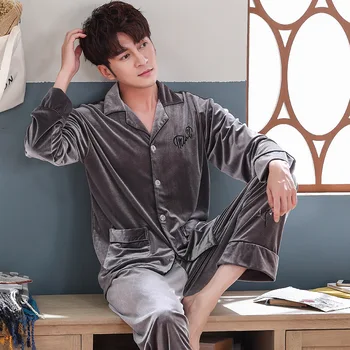 

Autumn Winter Pyjamas Suit For Men Keep Warm Velvet Pajamas Set Elegant Solid Gray Nightwear 2PCS Sleepwear Plus Size 3XL