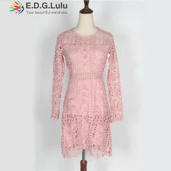 

EDGLuLu new arrival 2019 fall fashion women long sleeve hot pink dresses for women o neck classy dress slim party dress