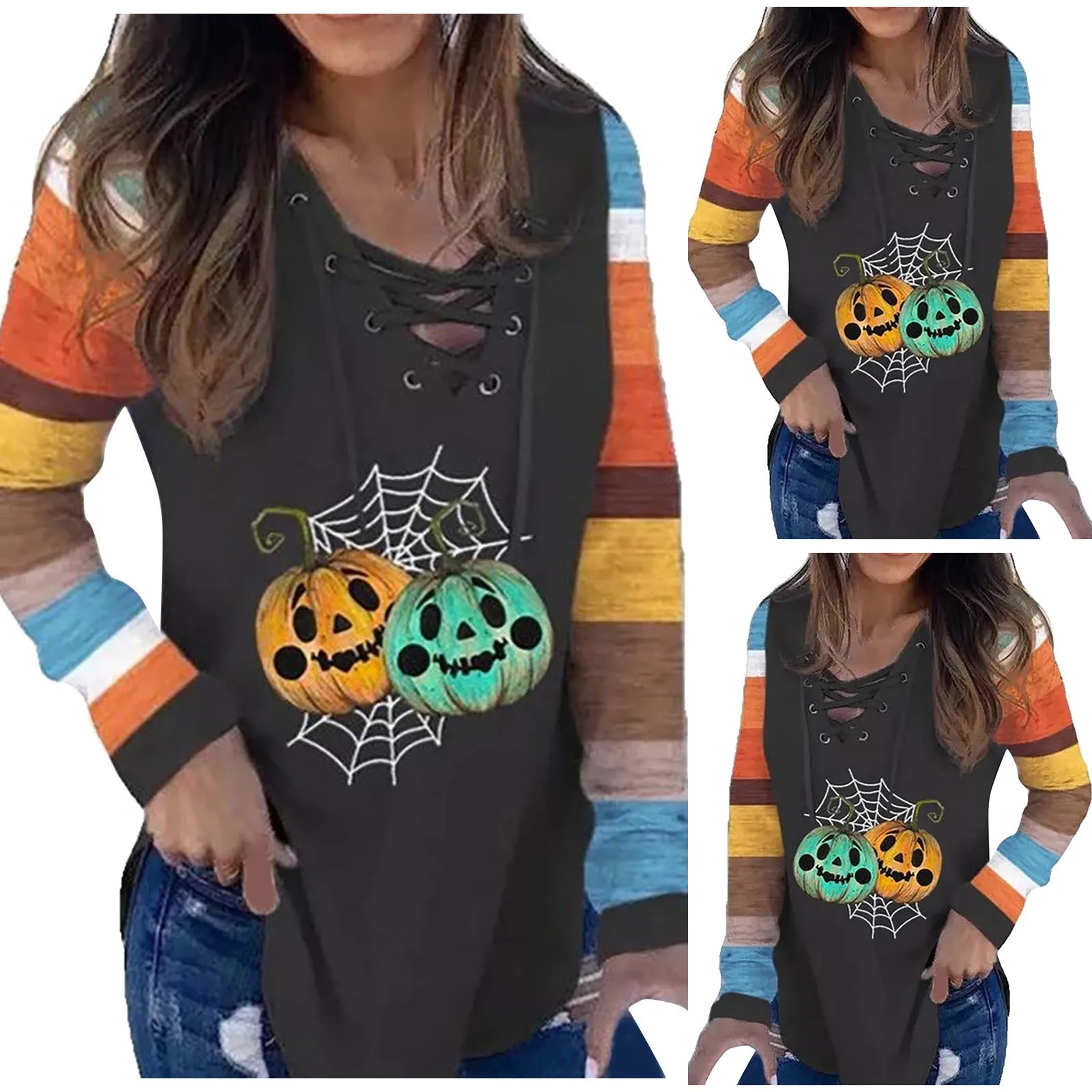 Women's Tops Halloween Pumpkin Print Patchwork V-neck Mid-length Sleeve Top Costume Party Dresses Casual Vintage S~3xl Clothing 1