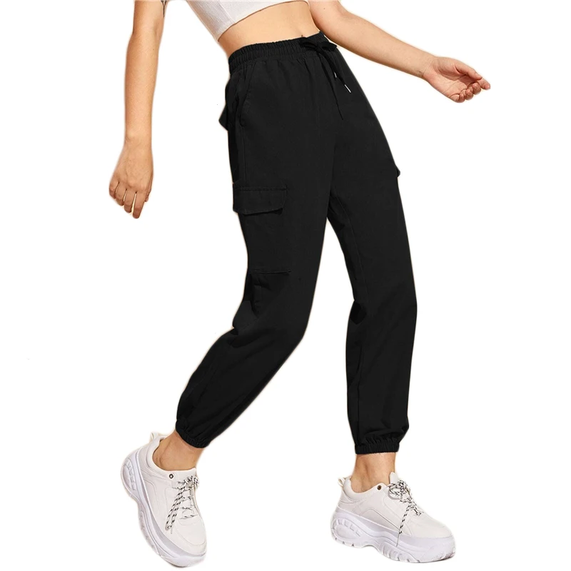 Чёрные спортивные штаны SHEIN с карманами и завязками на талии, женские весенние длинные брюки с высокой талией и рисунком морковки, укороченные штаны