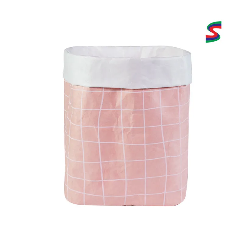 Irregular Plaid Drawstring Top Kraftpaper Waterproof Customizable Laundry Basket/shou na lou Double-Sided DuPont Paper